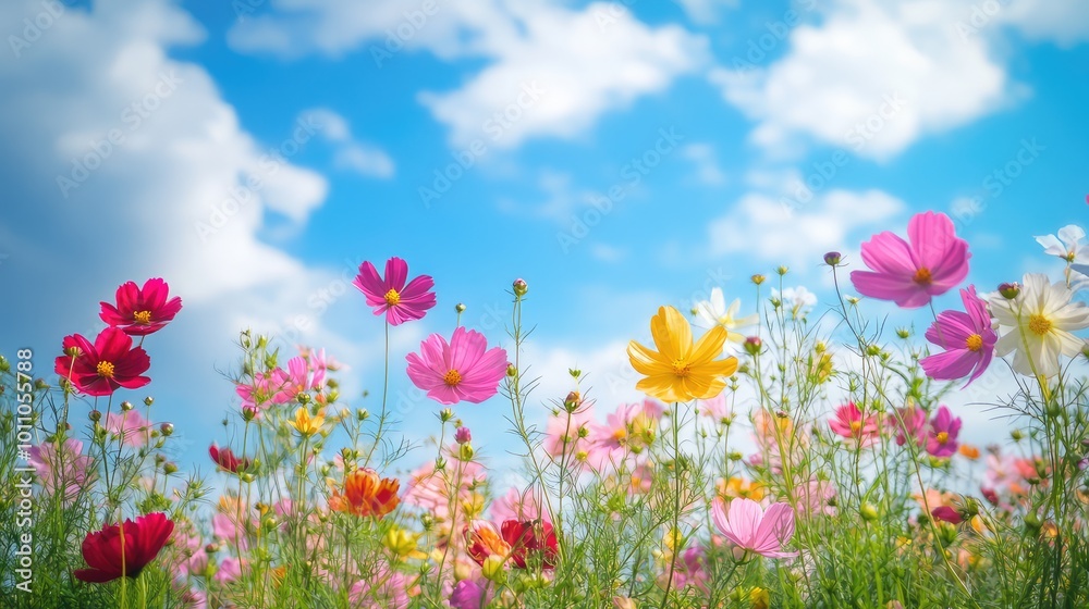A vibrant flower field stretching to the horizon, with colorful blooms dancing in the wind under a bright blue sky. A vibrant flower field stretching to the horizon, with colorful blooms dancing in the wind under a bright blue sky.