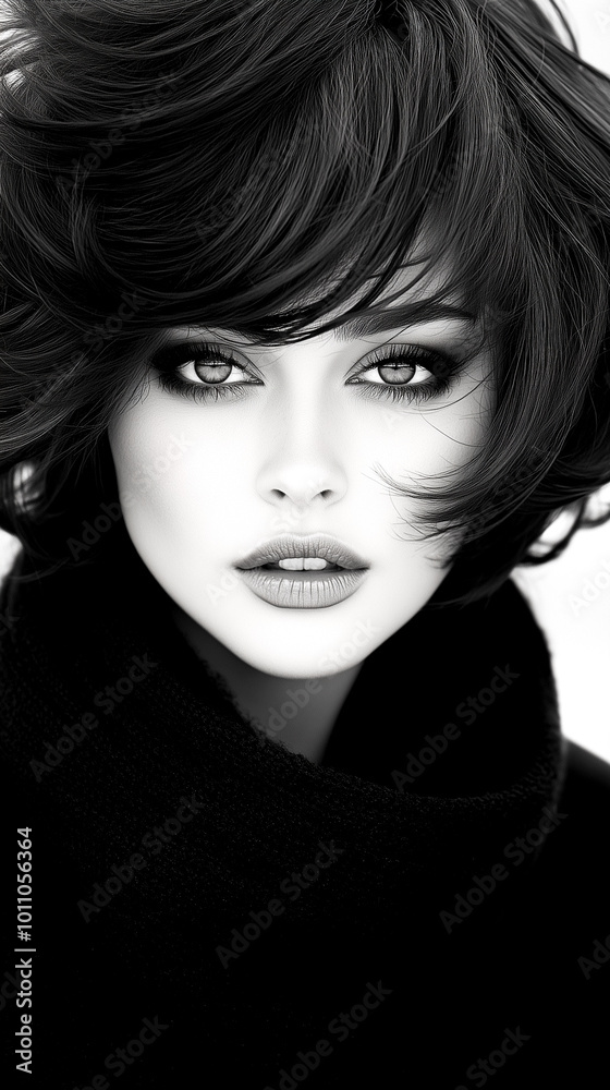 A woman with long black hair and a black scarf. She has a very nice smile. The photo is black and white
