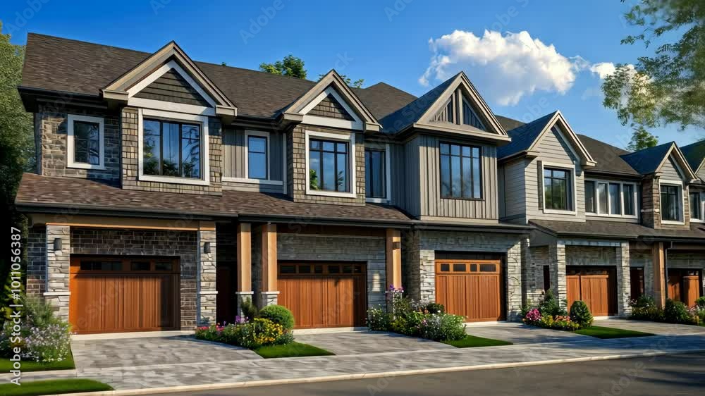 A row of modern townhomes with grey stone and wood siding, and a paved driveway in front A row of modern townhomes with grey stone and wood siding, and a paved driveway in front