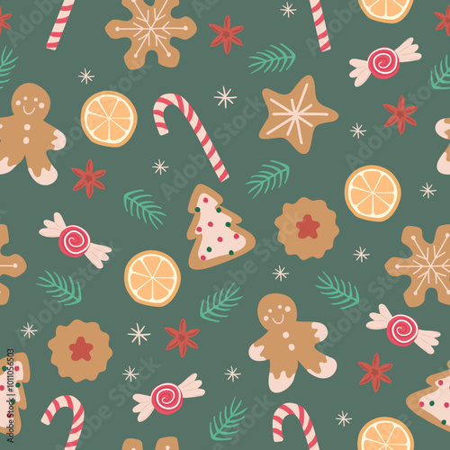 Seamless pattern Christmas foods, cookies, biscuits and candy cane