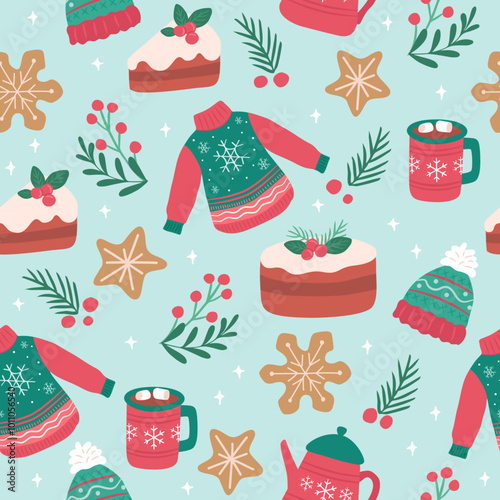 Seamless pattern Winter Christmas cake and biscuits