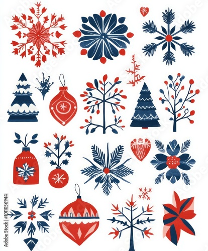 snowflakes and scandinavian folk art designs with christmas elements photo