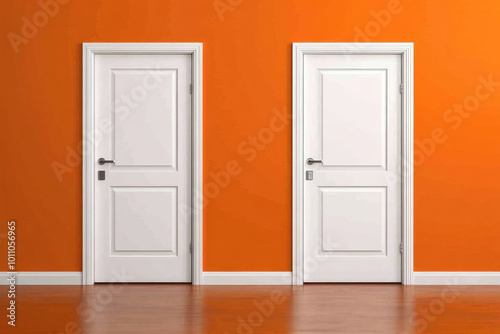 Two closed white doors on orange room 