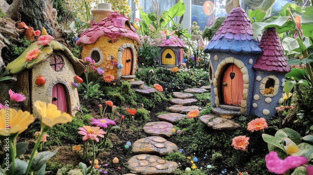 A whimsical fairy garden with tiny houses, flower paths, and magical creatures hiding among the blossoms. A whimsical fairy garden with tiny houses, flower paths, and magical creatures hiding among the blossoms.