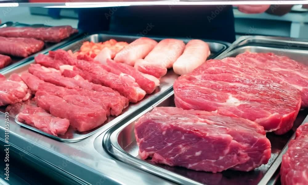 Close up of meat in a supermarket. Raw meat at butcher shop Close up of meat in a supermarket. Raw meat at butcher shop