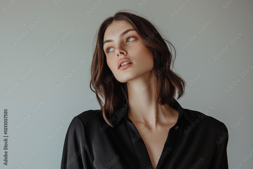 Obraz premium Close-up of a fashion model of Jewish appearance, a woman confidently posing in the studio against a light background. Advertising banner.