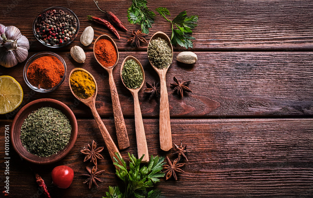 Colorful spices and legumes in wooden spoons on a wooden table. Healthy living and vegan diet.