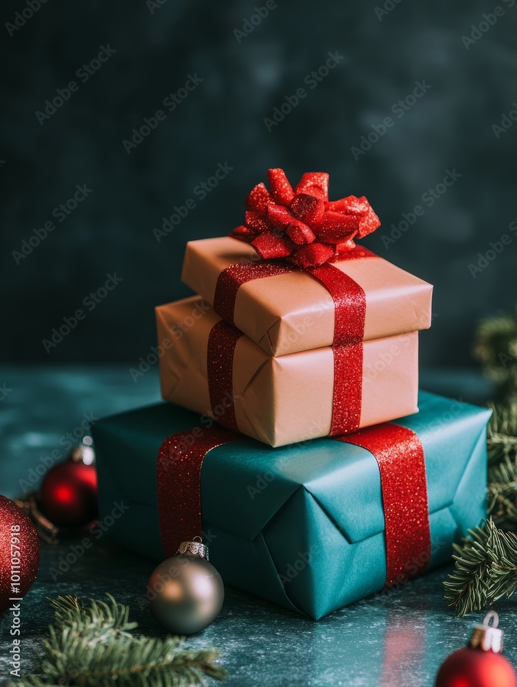 Christmas New Year background with gift boxes. Festive Xmas composition with gifts Christmas New Year background with gift boxes. Festive Xmas composition with gifts