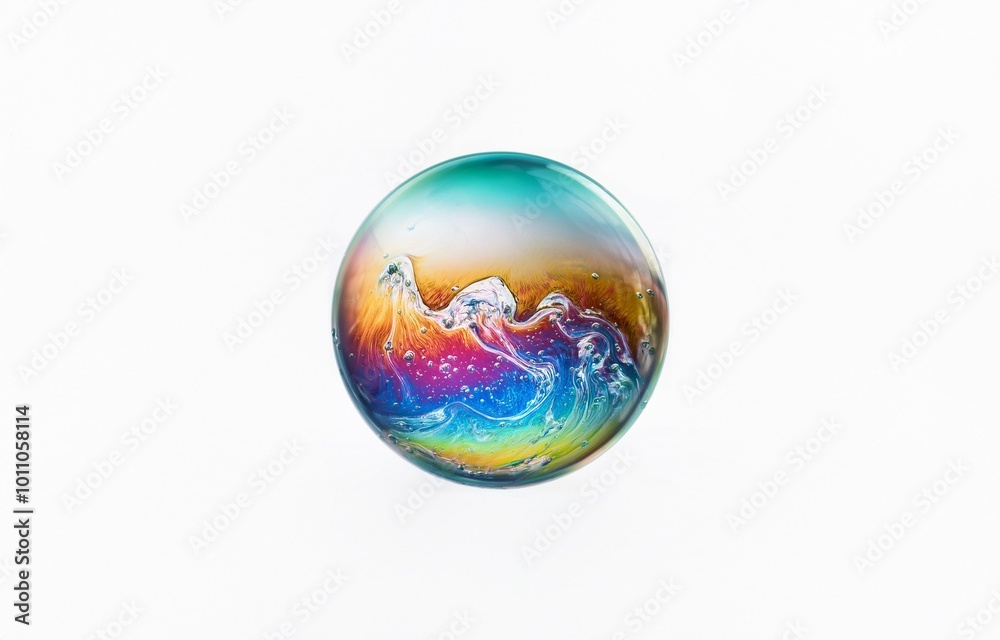 A colorful, iridescent sphere is isolated on a white background. A colorful, iridescent sphere is isolated on a white background.