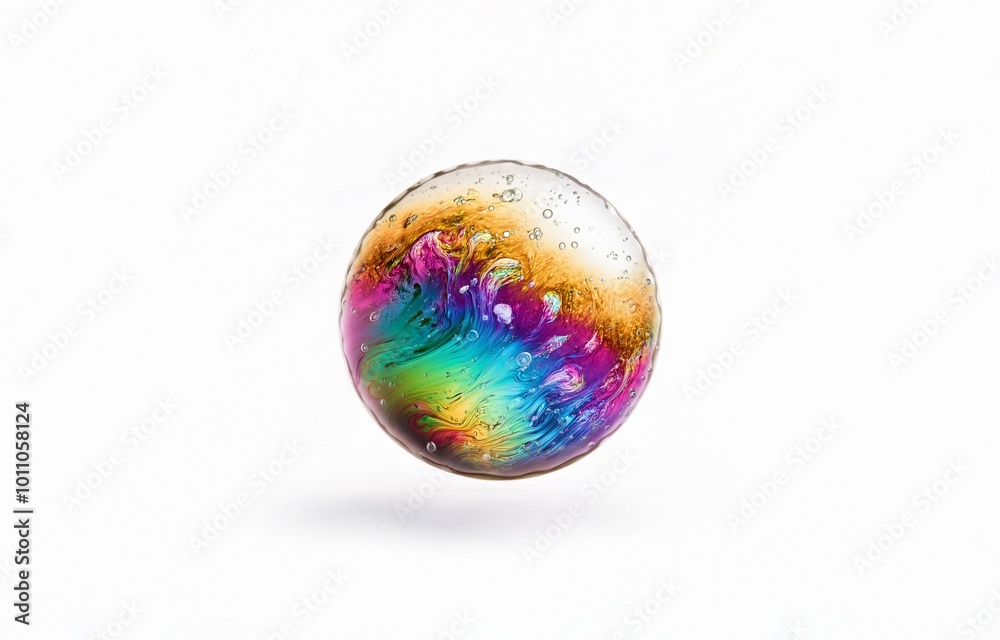 An iridescent soap bubble with tiny bubbles trapped inside, isolated on a white background. An iridescent soap bubble with tiny bubbles trapped inside, isolated on a white background.