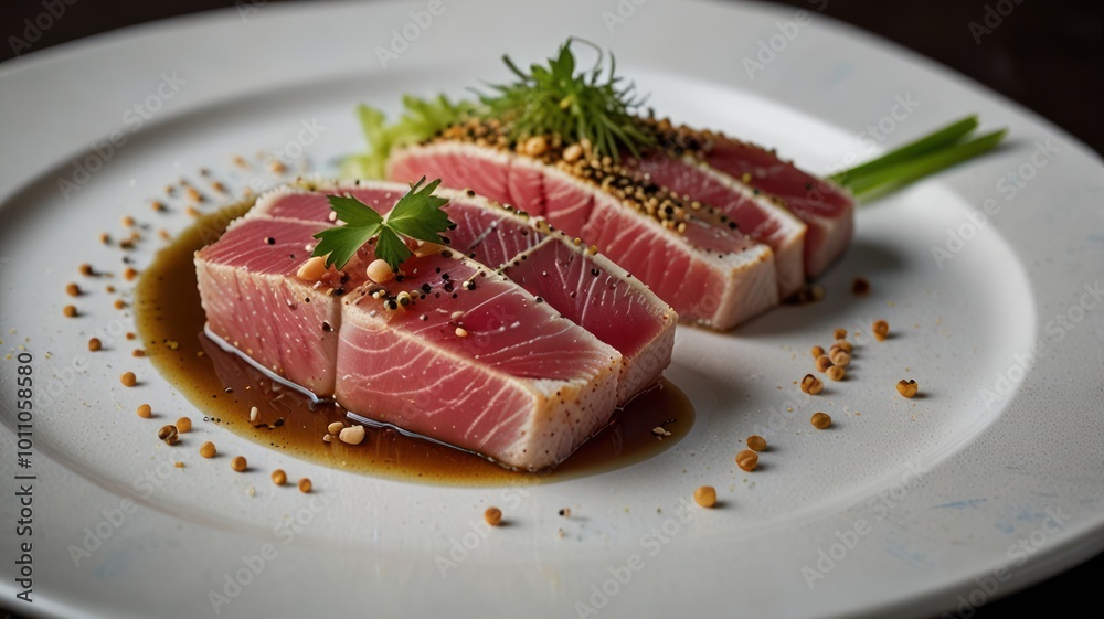 Seared tuna slices with sesame seeds, soy sauce, and greens on a white plate. Seared tuna slices with sesame seeds, soy sauce, and greens on a white plate.