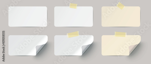 Set of realistic paper labels with different colors and adhesive tape on transparent background.