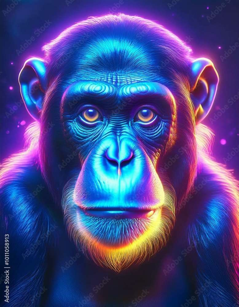 Chimpanzee portrait with neon glow Chimpanzee portrait with neon glow