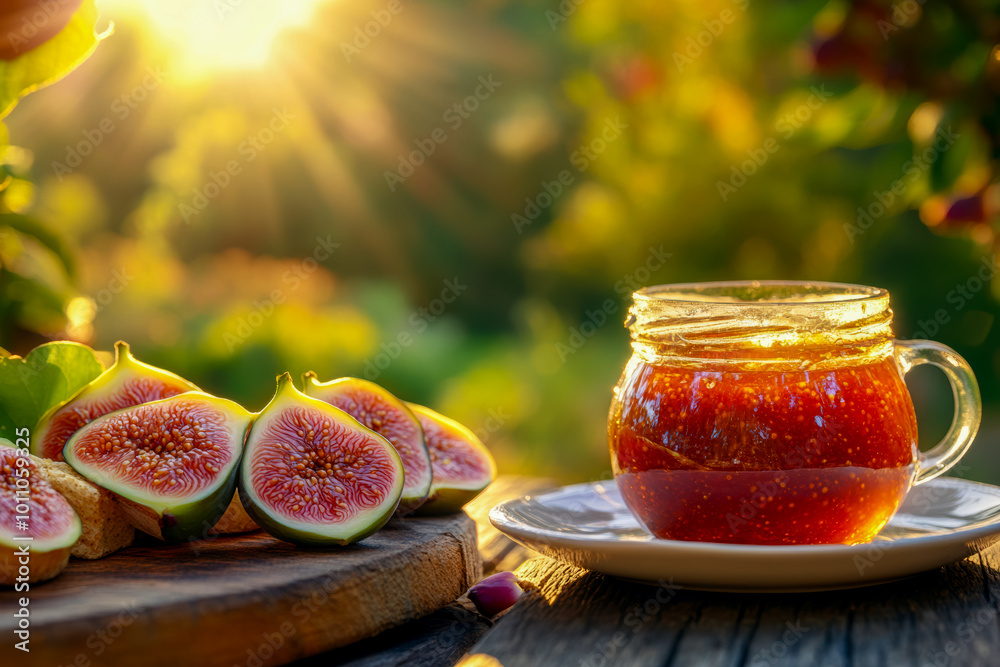 Bright fig jam in transparent glass jar placed among fresh fig halves on old wooden table in garden, bright sunset Bright fig jam in transparent glass jar placed among fresh fig halves on old wooden table in garden, bright sunset