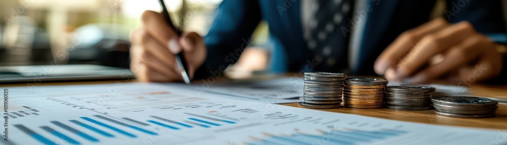 Business professional analyzing financial graphs and counting coins on a desk in an office environment. Business professional analyzing financial graphs and counting coins on a desk in an office environment.