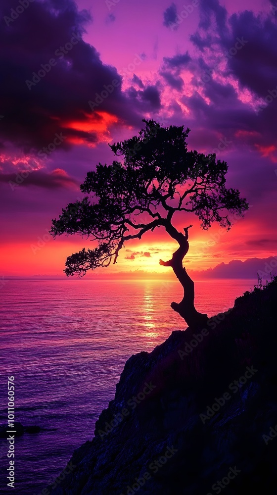 A silhouette of an isolated tree on the horizon with dramatic lighting, against a backdrop of a vast ocean at sunset A silhouette of an isolated tree on the horizon with dramatic lighting, against a backdrop of a vast ocean at sunset