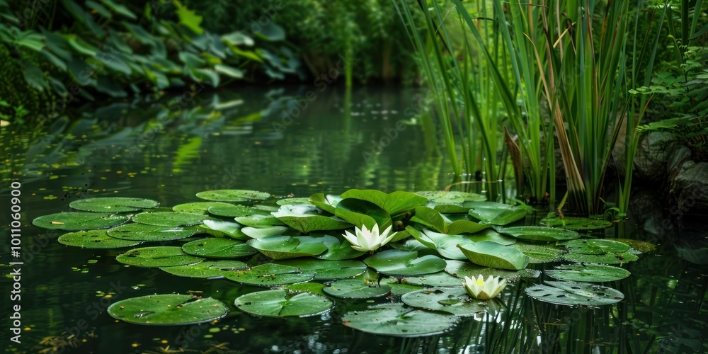 A serene pond with water plants like lilies and reeds, surrounded by lush greenery A serene pond with water plants like lilies and reeds, surrounded by lush greenery