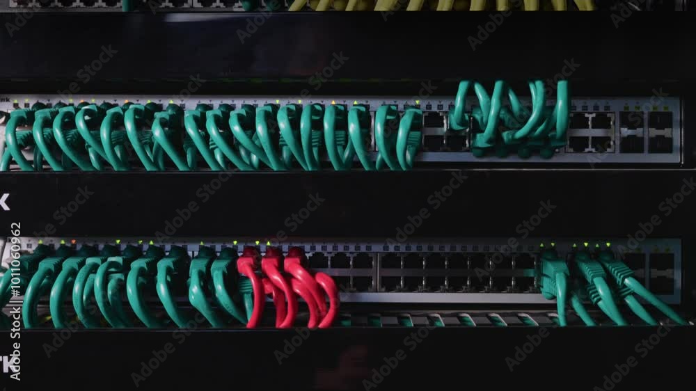 Neat and tidy patched network cables, RJ45, connected to the switches and routers mounted on the rack in data centre, networking Neat and tidy patched network cables, RJ45, connected to the switches and routers mounted on the rack in data centre, networking