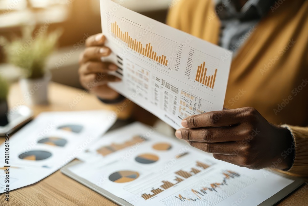 Fototapeta premium Business professional analyzing financial reports with charts and graphs in a modern office setting.