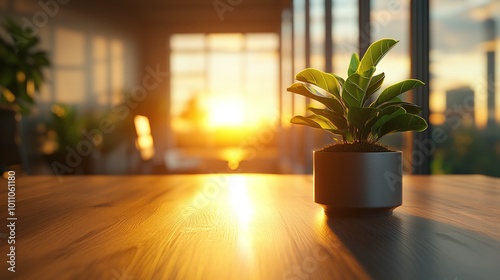 modern office with sunset glow featuring a close-up of a potted plant on a wooden desk with warm light streaming through large windows, creating a serene and natural workspace environment