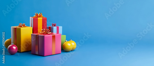 Horizontal banner web poster, header for website. Christmas New Year background with gift boxes. Festive Xmas composition with gifts