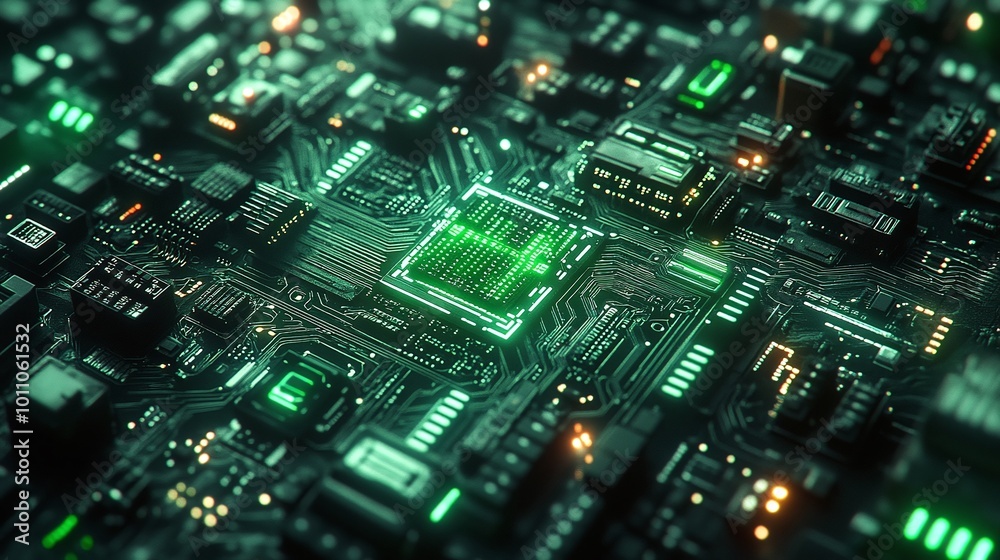 close-up view of emerald circuitry, a green circuit board pulsing with digital life, highlighting the complexity of technology and the power of modern electronics