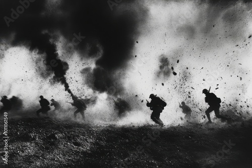 A black-and-white photograph of World War I soldiers charging on the battlefield, with explosions in the background and smoke rising from the ground. 