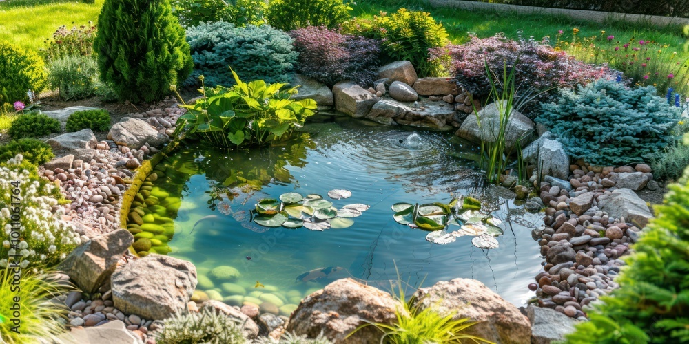 A small pond in a backyard garden with water plants and stones, creating a natural and serene environment A small pond in a backyard garden with water plants and stones, creating a natural and serene environment