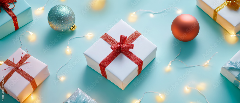 Horizontal banner web poster, header for website. Christmas New Year background with gift boxes. Festive Xmas composition with gifts