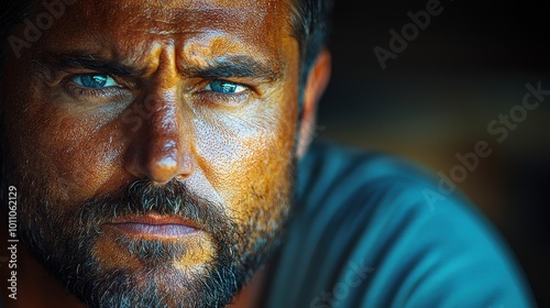 A close-up portrait of a rugged man with striking blue eyes and a weathered beard, showcasing intense expression and deep emotions