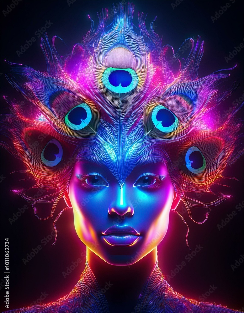 Woman with neon peacock feathers Woman with neon peacock feathers