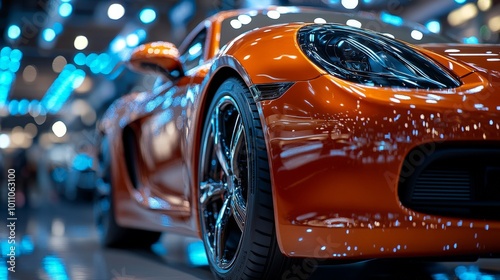 Shiny Orange Sports Car with Chrome Wheels Displayed at an Automotive Showroom