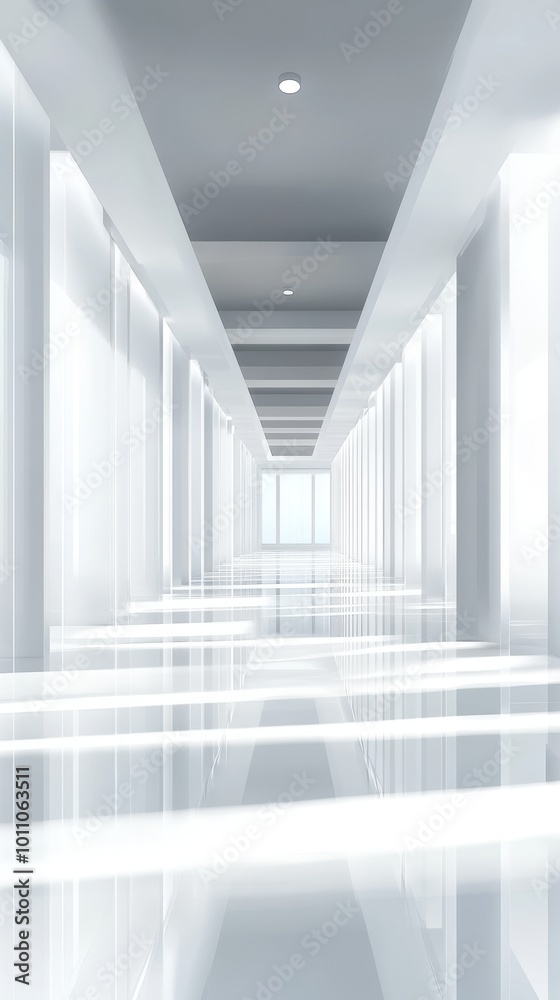 Obraz premium Bright Modern Corridor With Reflective Surfaces and Sleek Design in a Spacious Interior Setting