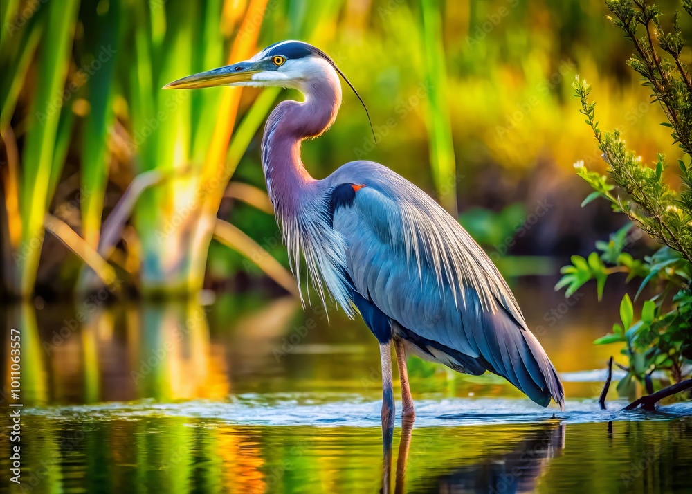Captivating medium shot of a Great Blue Heron, highlighting its vivid plumage in a serene natural setting, perfect Captivating medium shot of a Great Blue Heron, highlighting its vivid plumage in a serene natural setting, perfect