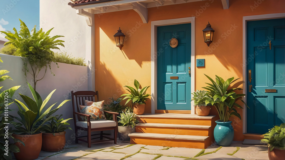 Fototapeta premium A classic house exterior with sunset-colored walls, verdigris door, plants lining the entrance, a designer wall light, and a wooden chair with a small pillow, exuding simple yet timeless charm.