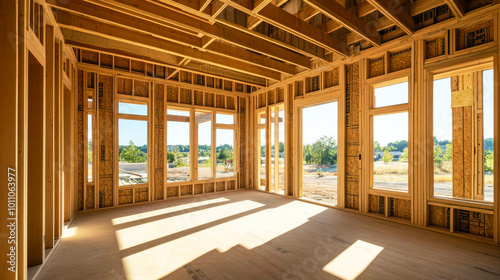 Natural light floods the unfinished interior of a house under construction with wooden framing