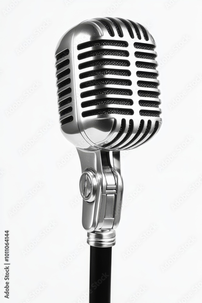 Fototapeta premium Classic Vintage Microphone on a Stand Against a Plain Background Ready for a Performance
