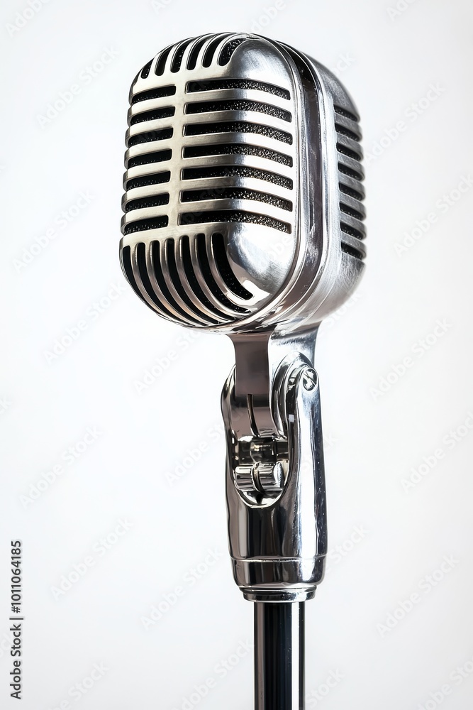 Fototapeta premium Classic Vintage Microphone on a Stand Against a Plain Background Ready for a Performance