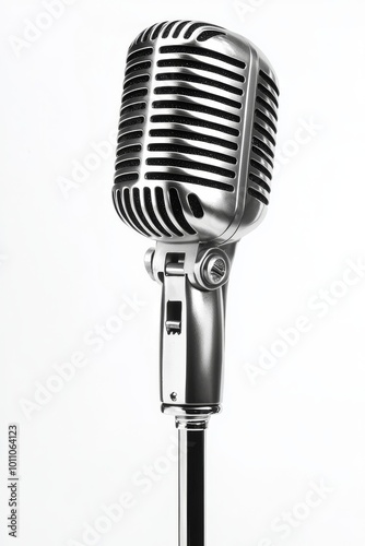 Classic Vintage Microphone on a Stand Against a Plain Background Ready for a Performance