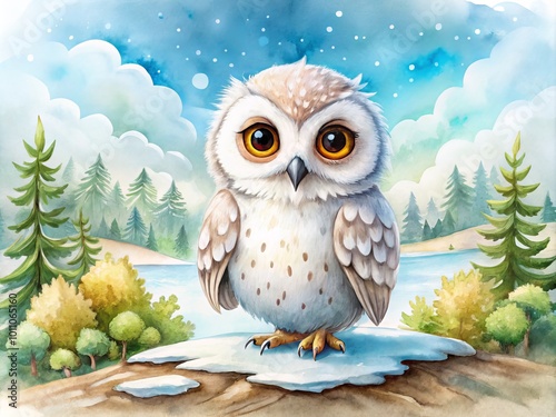 Charming hand-drawn polar owl watercolor illustration on a white background, perfect for children's nurseries, animal photo