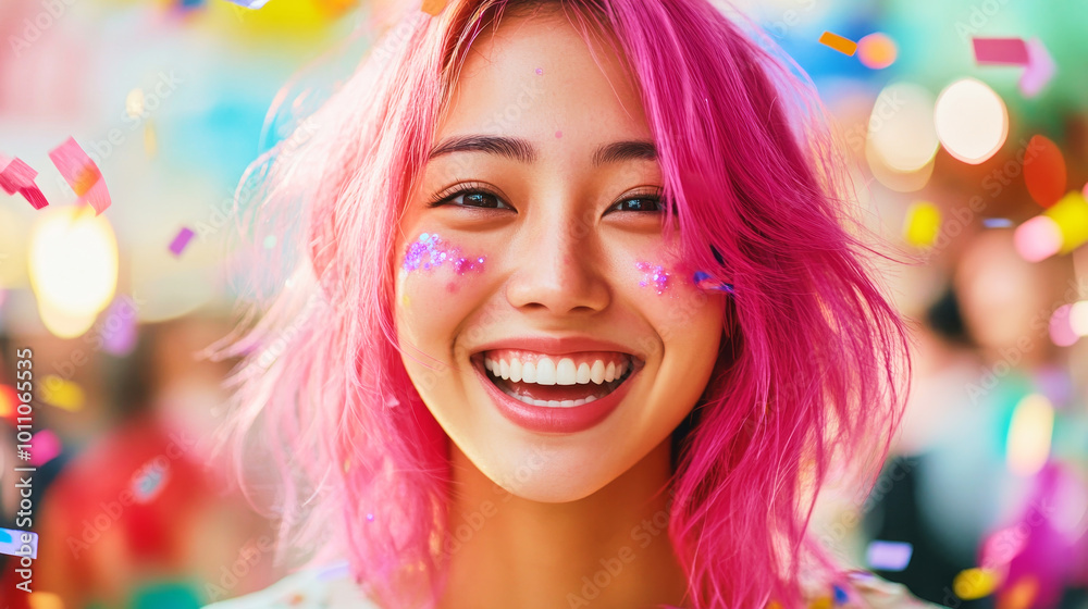 A joyful Asian woman with pink hair celebrates at carnival with confetti in a vibrant background A joyful Asian woman with pink hair celebrates at carnival with confetti in a vibrant background