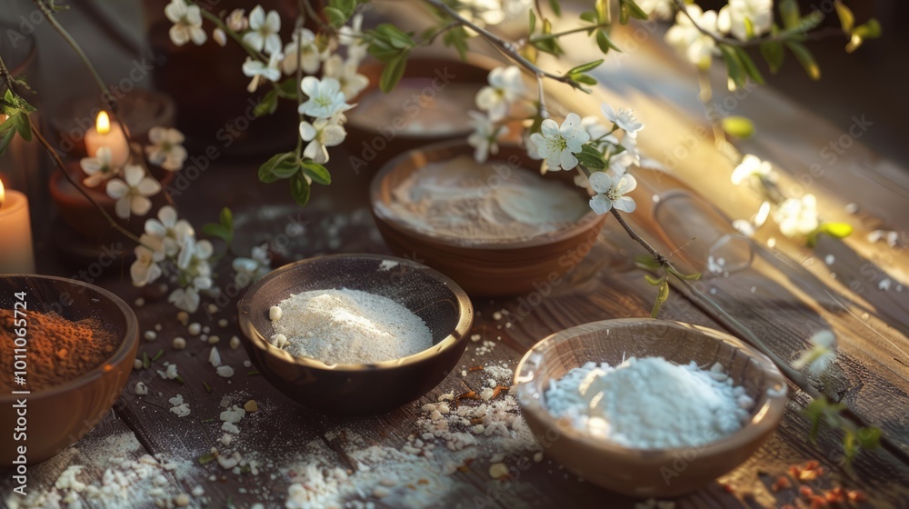 The items include bowls of various powders and salts, small white candles, and a few branches with blooming flowers