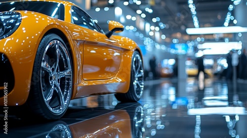 Shiny Orange Sports Car with Chrome Wheels Displayed at an Automotive Showroom