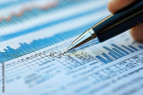 Close-up of a hand holding a pen, analyzing financial data on a report with graphs and statistics for business insights.