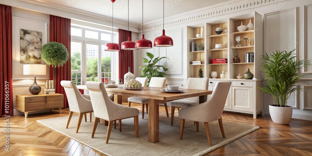 Fototapeta premium Chic dining room featuring elegant white and red hues, complemented by wooden accents, perfect for modern home decor