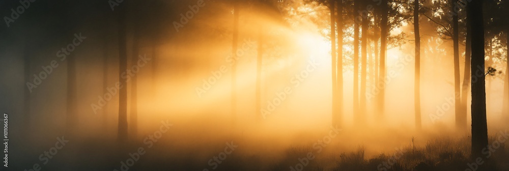 Golden sunlight streaming through a misty forest, illuminating the tall tree trunks. Golden sunlight streaming through a misty forest, illuminating the tall tree trunks.