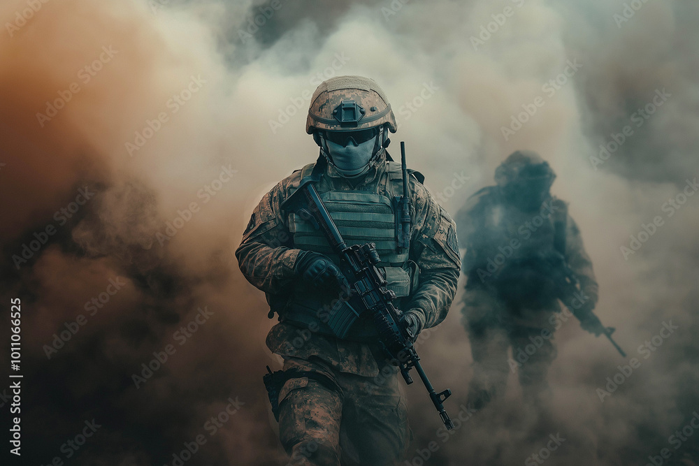 Men, soldiers with machine guns and military equipment emerge from the smoke. Military operation, military action concept. Conflicts between countries. Men, soldiers with machine guns and military equipment emerge from the smoke. Military operation, military action concept. Conflicts between countries.
