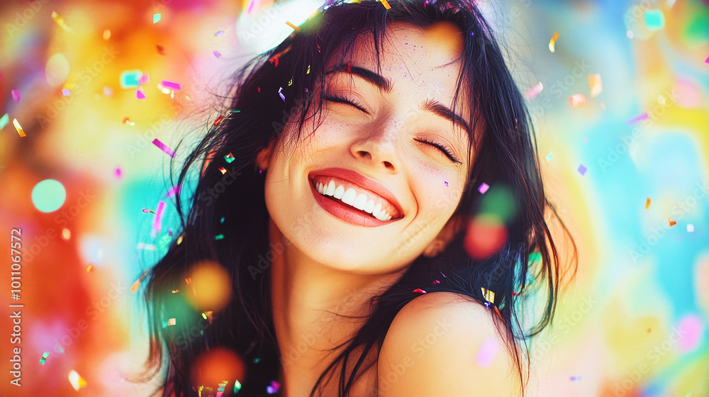 Smiling woman celebrating carnival with confetti in a vibrant and colorful environment Smiling woman celebrating carnival with confetti in a vibrant and colorful environment