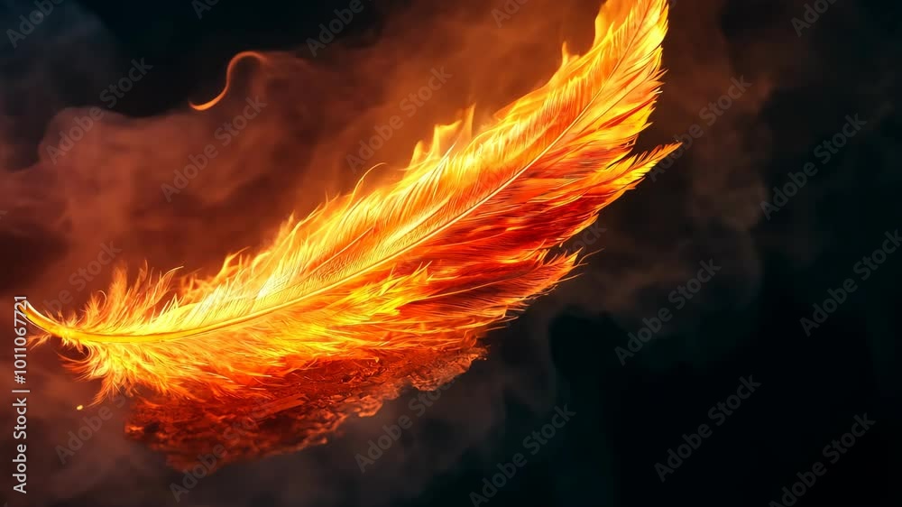 A fiery feather floats against a dark background, illuminated by the bright flames that consume it