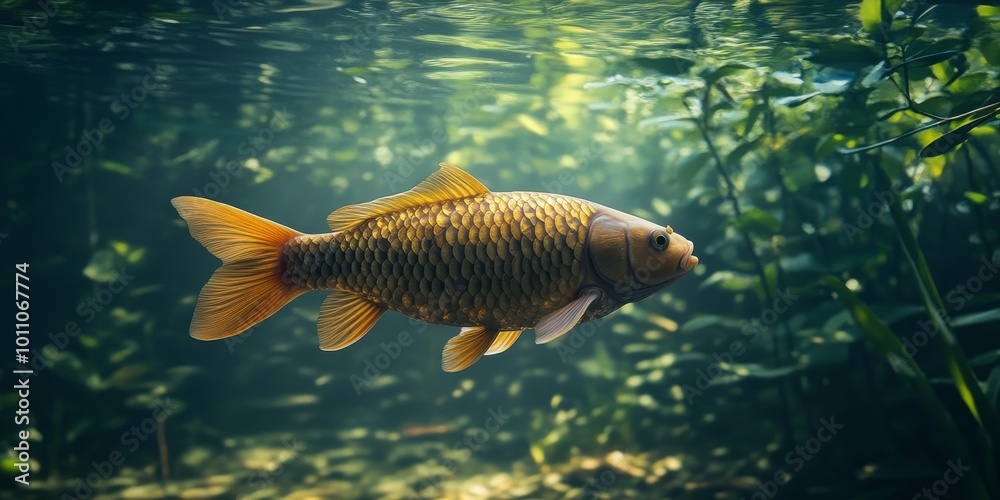 A Carp Swims Gracefully Through Underwater Plants in a Serene Freshwater Environment A Carp Swims Gracefully Through Underwater Plants in a Serene Freshwater Environment
